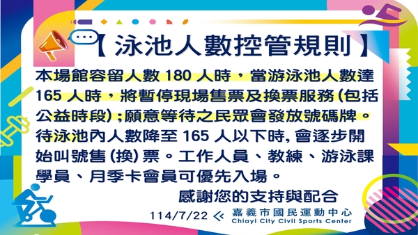 最新消息-【公告】本場館容留人數180人時，
當游泳池人數達165人時，
將暫停現場售票及換票服務(包括公益時段);
願意等待之民眾會發放號碼牌。
待泳池內人數降至165人以下時,
會逐步開始叫號售(換)票。
工作人員、教練、游泳課學員、
月季卡會員可優先入場。
感謝您的支持與配合
